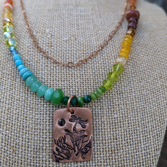 Hand Stamped Gemstone Gradient Dragonfly Necklace - Picture 4 of 10